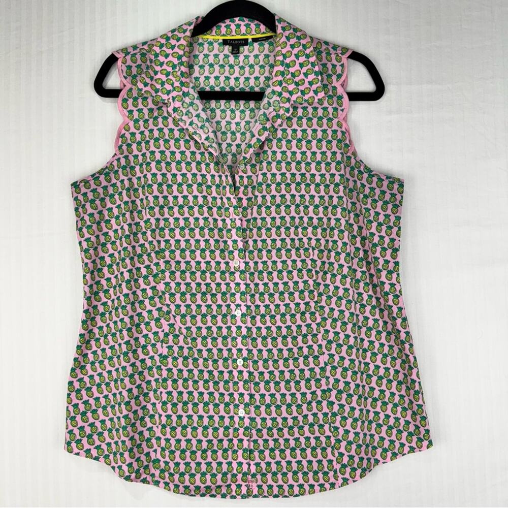 Talbots Pink/Green Colorful Pineapple Print Sleeveless Blouse Size 12 Scalloped